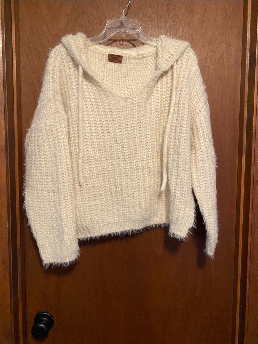 POL Cream Hooded Fuzzy Knit Sweater